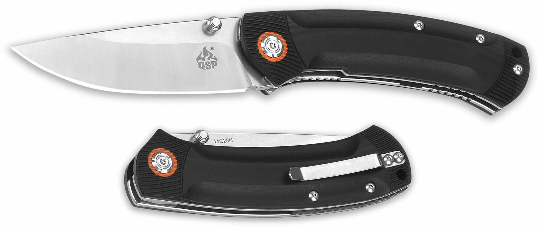 QSP Knives QSP Copperhead Knife QS109-A - Stonewash / Satin Sandvik Drop Point - Black G10 - Liner Lock Folder