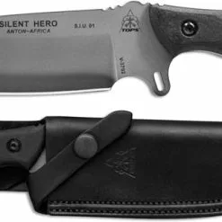 TOPS Knives Silent Hero Knife HERO-02 - Anton Du Plessis - Black River Wash 1095 Steel Blade - Black Micarta