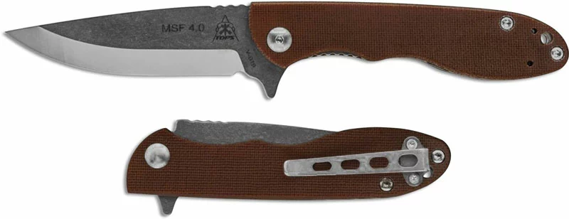 TOPS Knives Mini Scandi Folder MSF 4.0 - Tumble Finish Drop Point - Tan Canvas Micarta Flipper Knife
