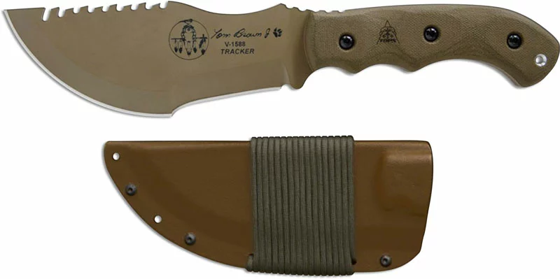 TOPS Knives Tom Brown Tracker 1 TBT01-TAN - Coyote Tan 1095 Steel Blade - Green Micarta